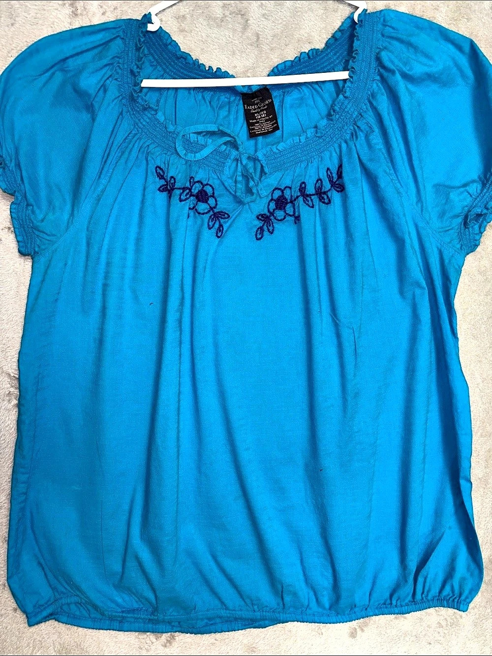 Faded Glory Embroidered Short Sleeve Top Blue Large